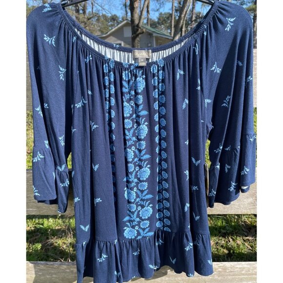 Style & Co Womens Vine Blue Peasant Top With Ruffled Hem Size OX - Picture 1 of 5